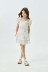 Lexi White Heart Lurex Smocked Short Sleeve Ruffle Dress
