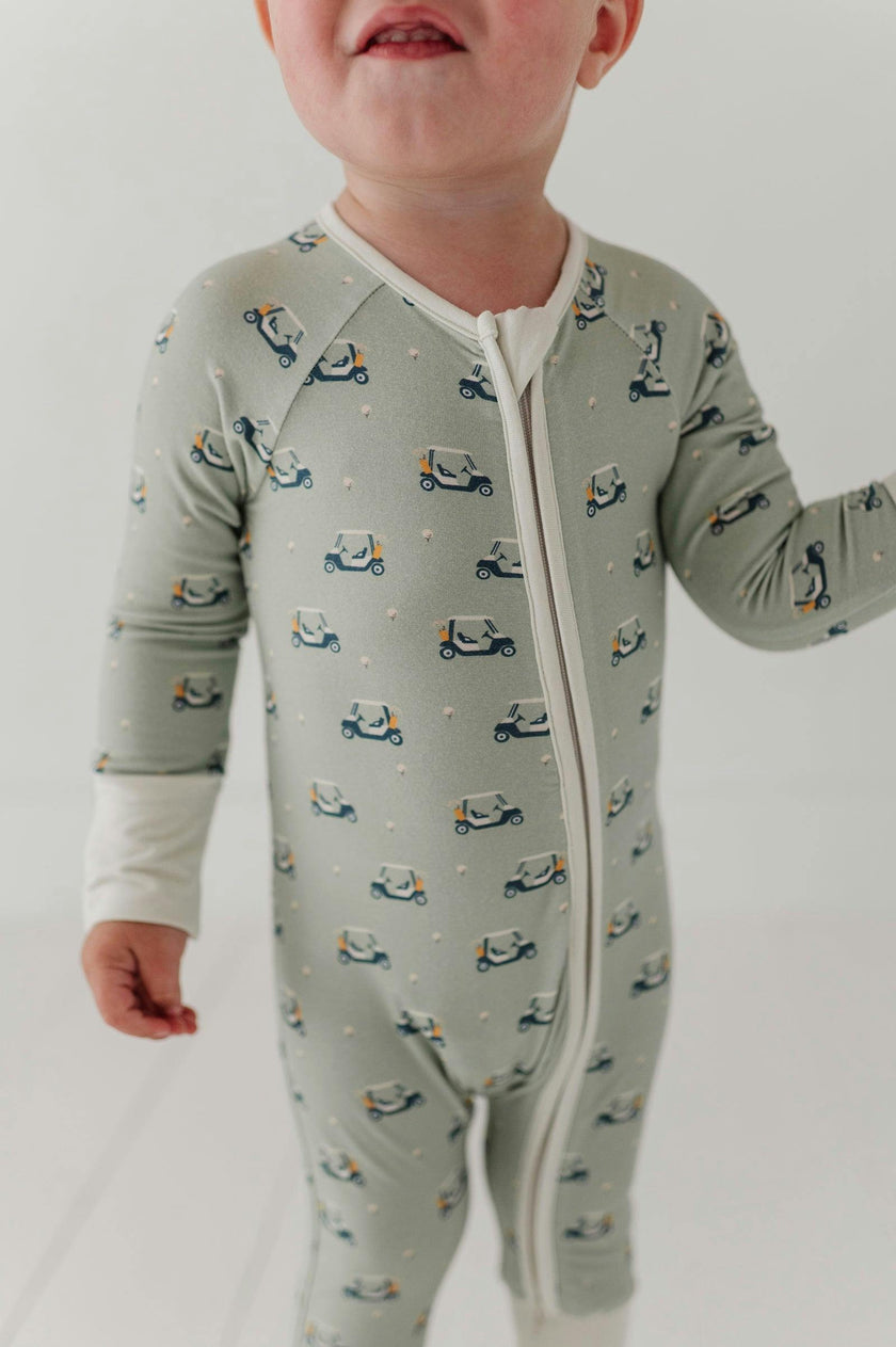 Baby Boy Long Sleeve Zip Romper in Golf Cart