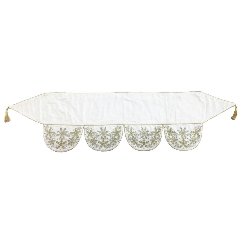 Ivory Velvet Mantel Scarf Hand Beading and Crewel Embroidery - 72"