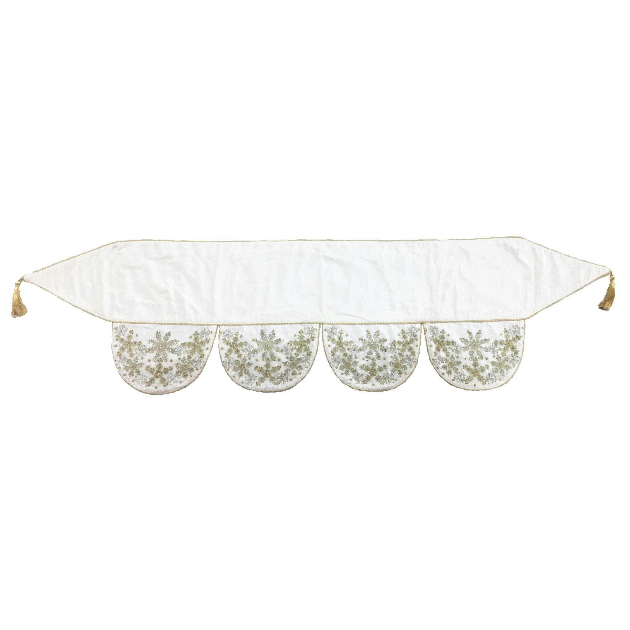 Ivory Velvet Mantel Scarf Hand Beading and Crewel Embroidery - 72