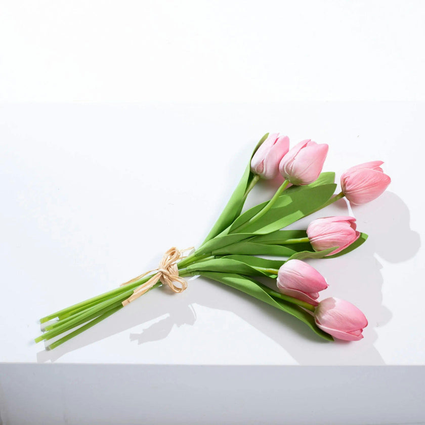Real Touch White Tulip Faux Floral Everyday Spring Water Illusion Arrangement in Glass Teardrop Vase - Available in Multiple Colors