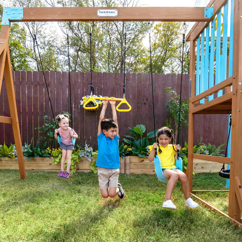 Teamson Kids Laguna Wooden Swing Set with Slide & Rock Wall