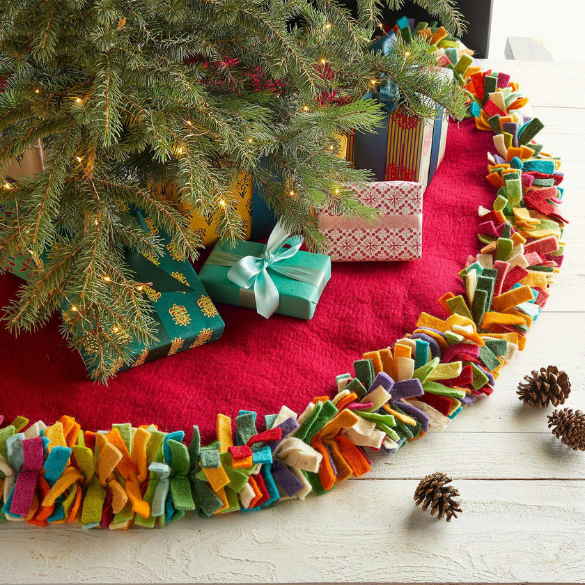 Handmade Felt Multicolor Fringe Border Red Wool Christmas Tree Skirt