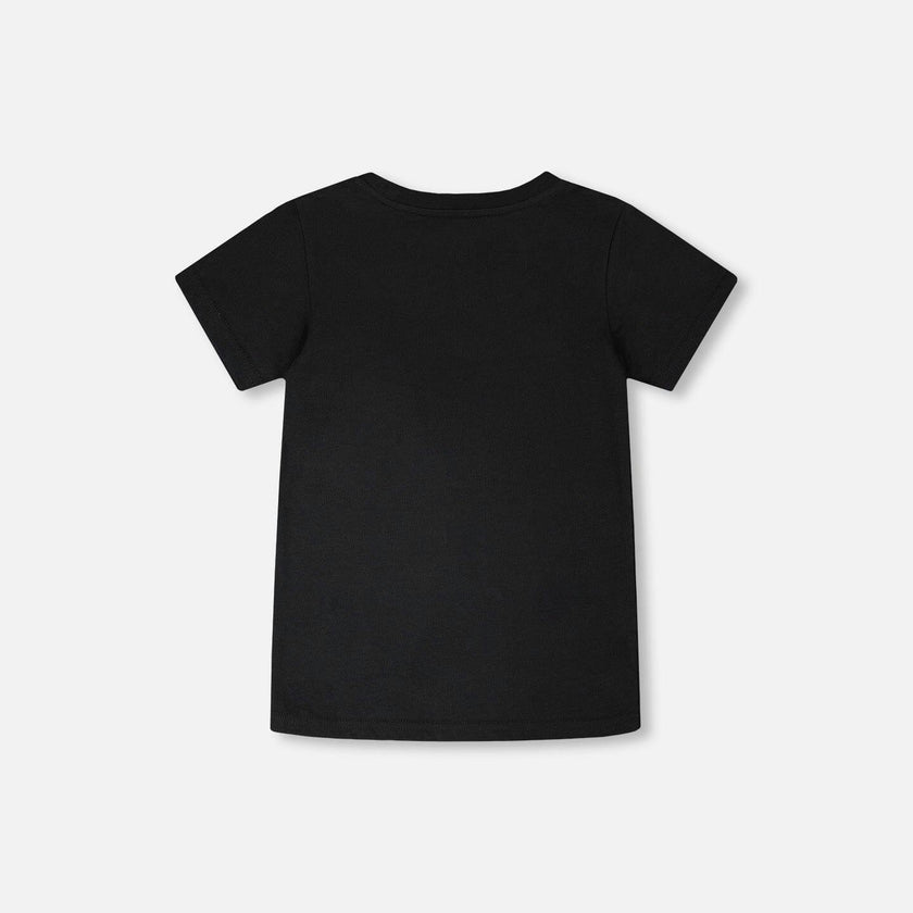 Glow In The Dark Organic Cotton Jersey T-Shirt With Dino On Bike Print Black