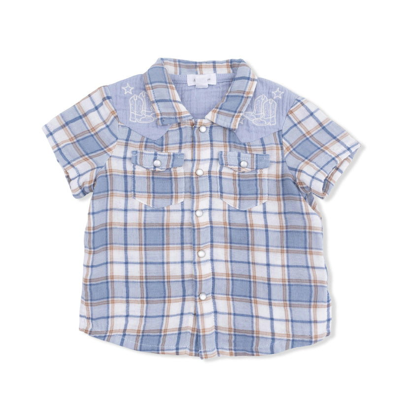 Western Boot Plaid - Short Sleeve Western Pearl Snap Shirt with Casual Short