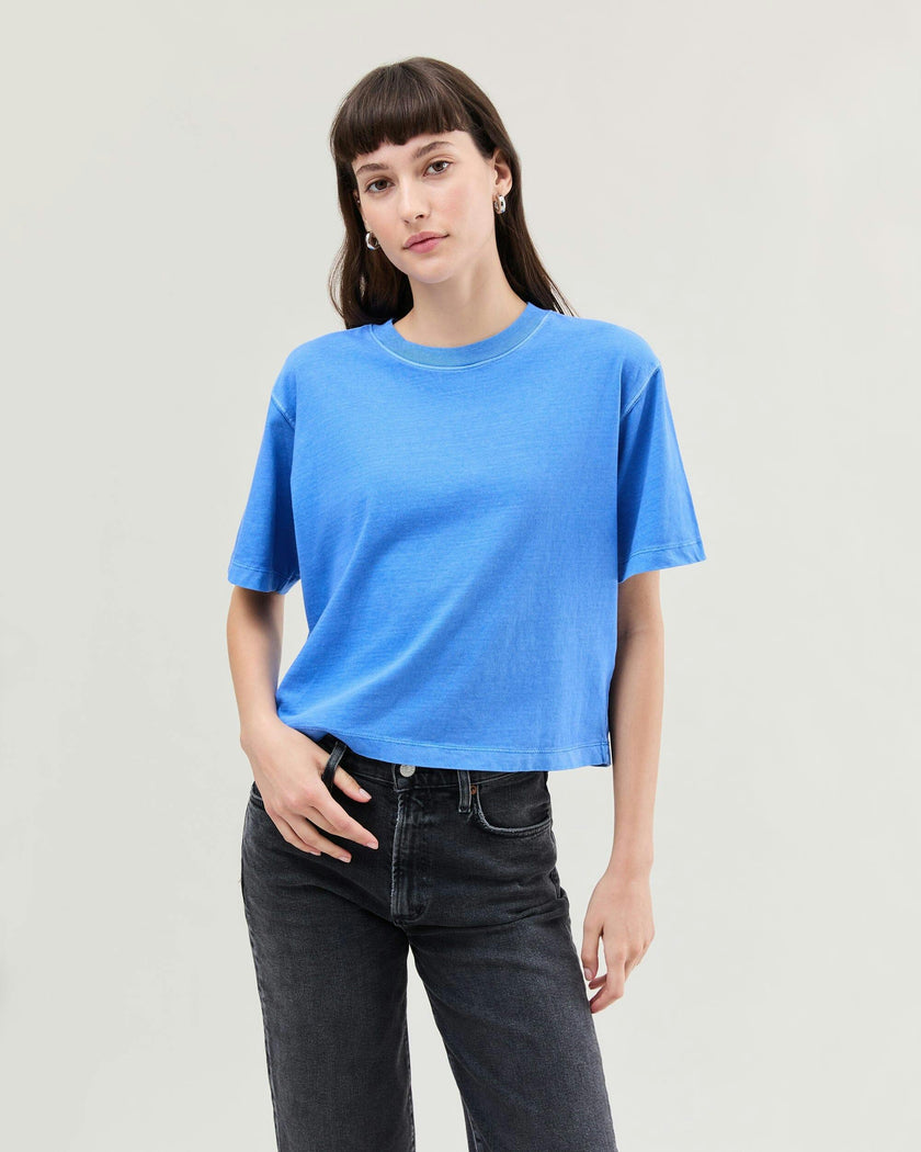 Womens Relaxed Crop Tee - Pigment Dye Jersey - Pop Blue