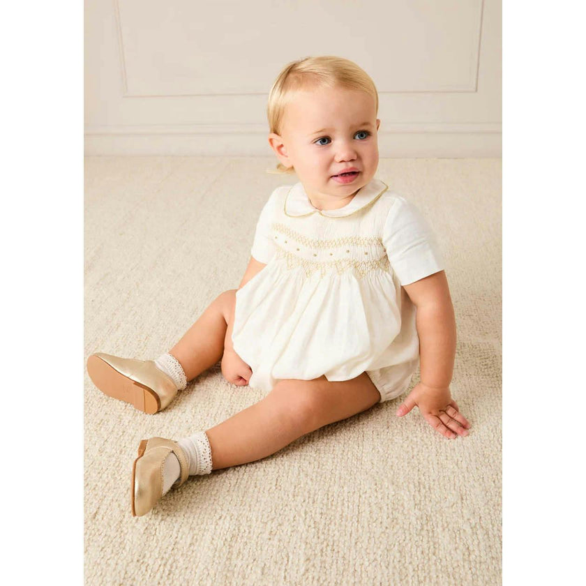 Hand Smocked Gold Embroidered Short Sleeve Romper in Ivory (3mths-2yrs)