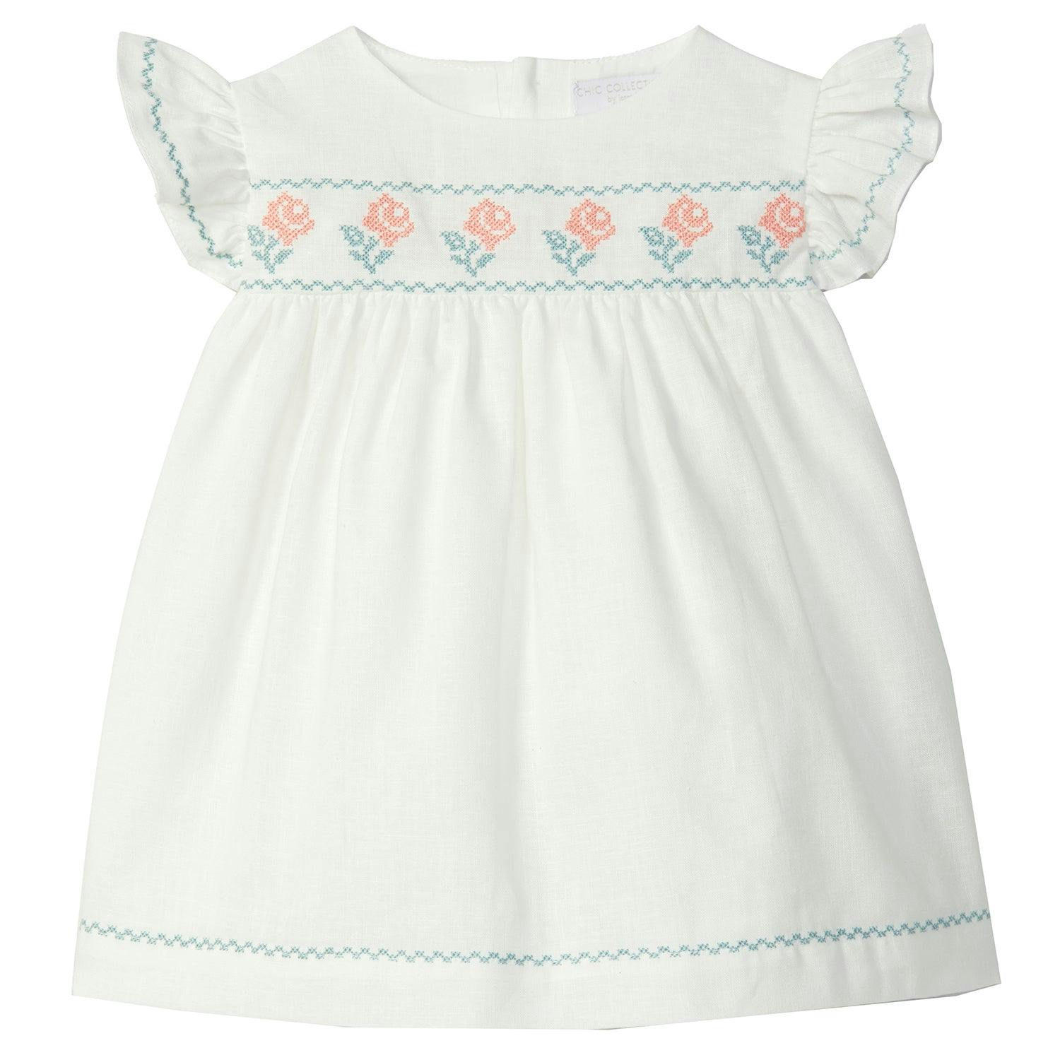LARANJINHA Embroidered Baby Weekend Dress - Off White & Salmon