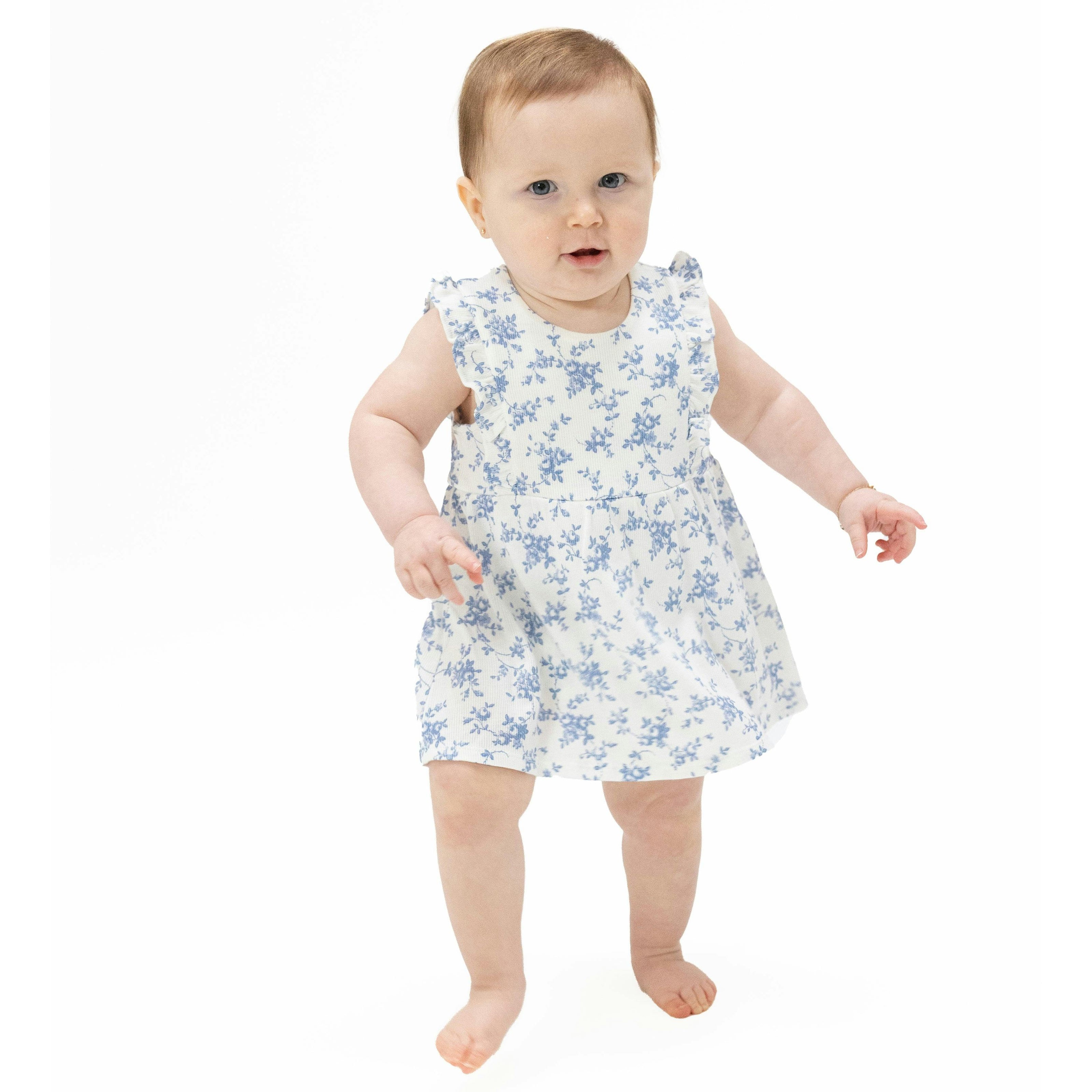 Baby Blue Vines Floral - Ruffle Bodysuit Dress