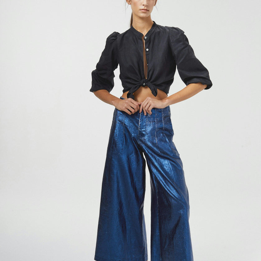 Culotte Metallic Linen Pants - Dark Blue