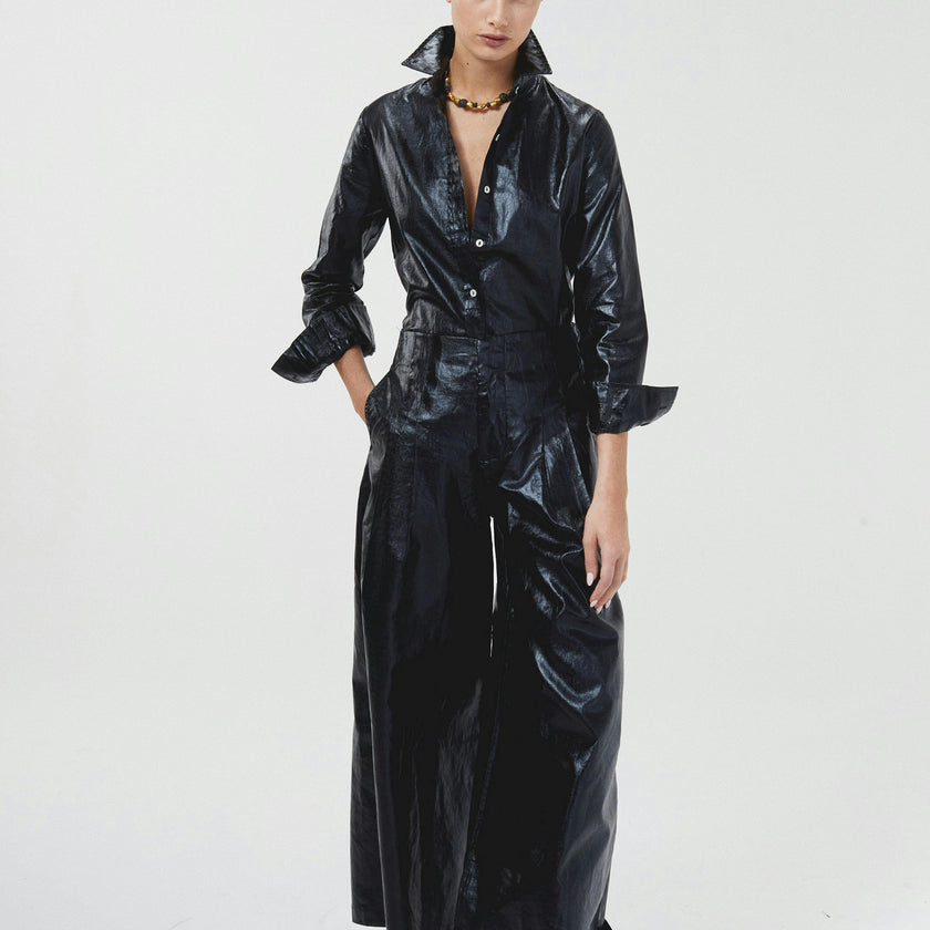 Culotte Metallic Linen Pants - Black