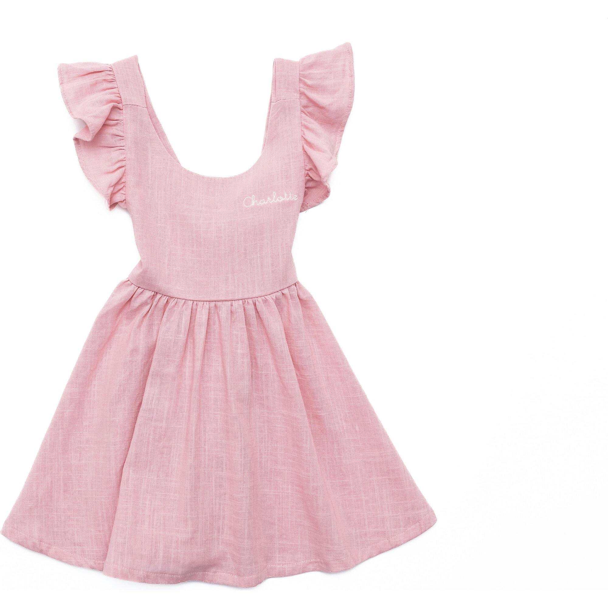 Custom Embroidered Girls Sleeveless Linen Dress, Pink