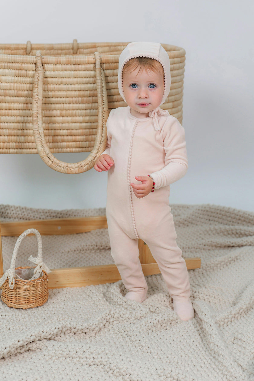 Pompom Snap Front Velour Romper and Bonnet Two Piece Set