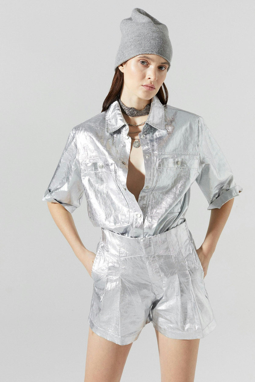 Frida Metallic Linen Shorts - New Silver