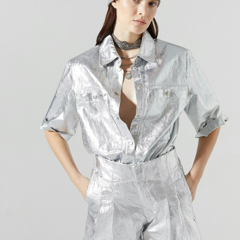 Frida Metallic Linen Shorts - New Silver