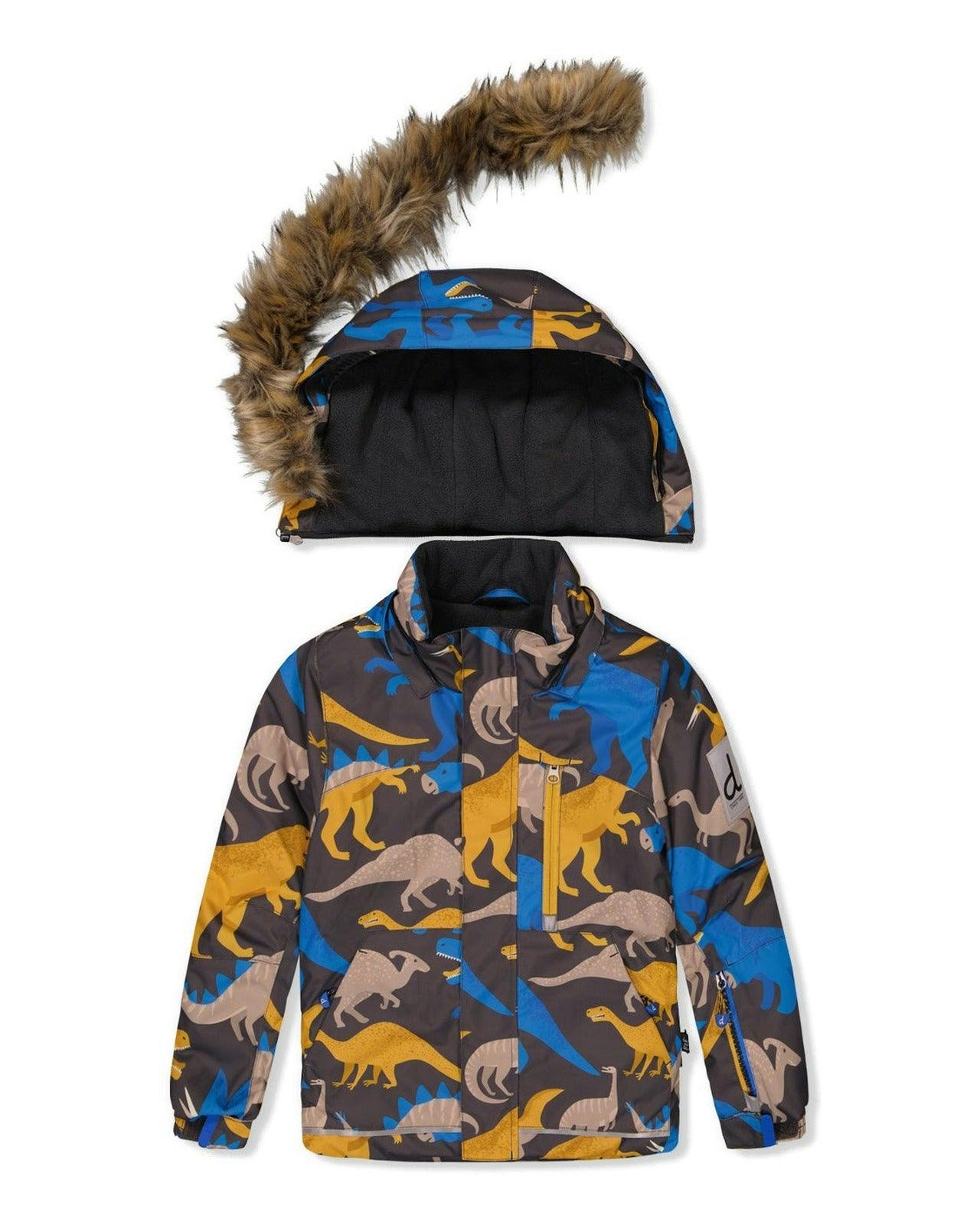 Two Piece Play Snowsuit Grey and Blue Dinosaur Print with Yellow Pants