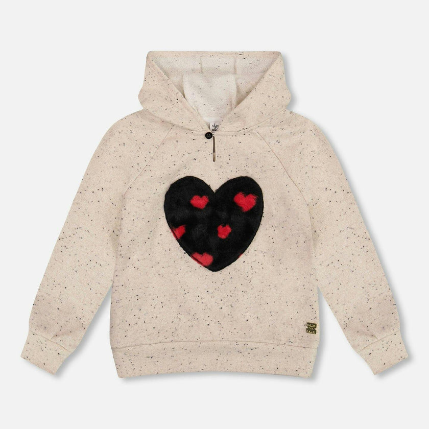 Glittering Beige French Terry Hoodie with Heart Applique