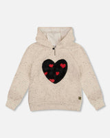 Glittering Beige French Terry Hoodie with Heart Applique