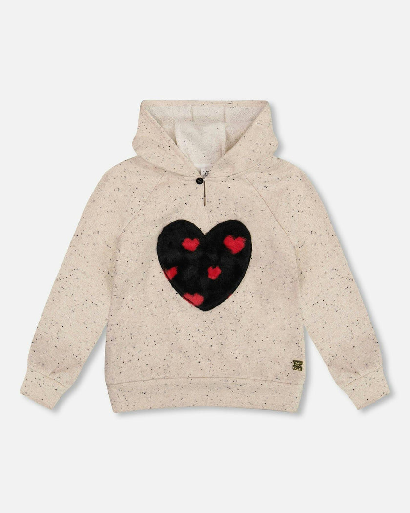Glittering Beige French Terry Hoodie with Heart Applique
