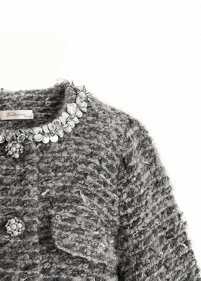 Gray Bouclé Jewel-Collar Jacket