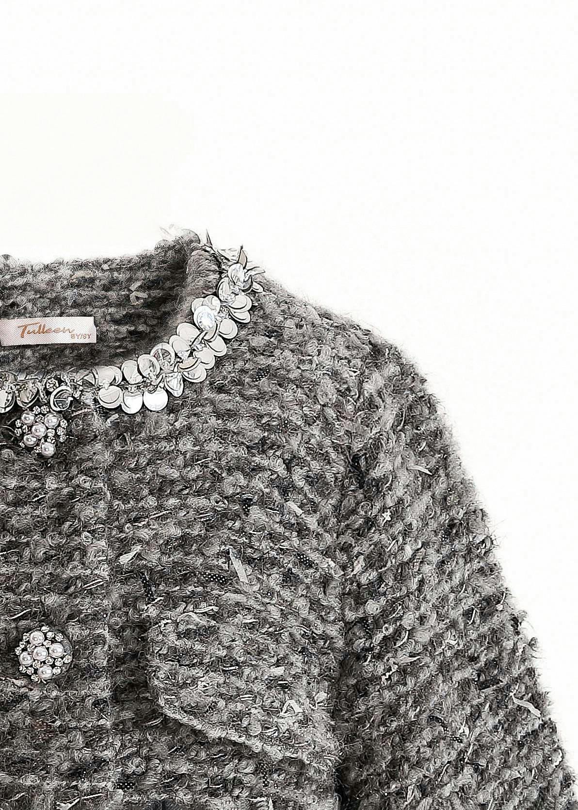 Gray Bouclé Jewel-Collar Jacket