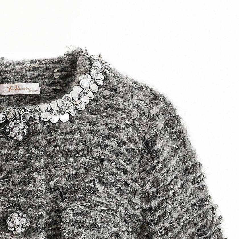 Gray Bouclé Jewel-Collar Jacket