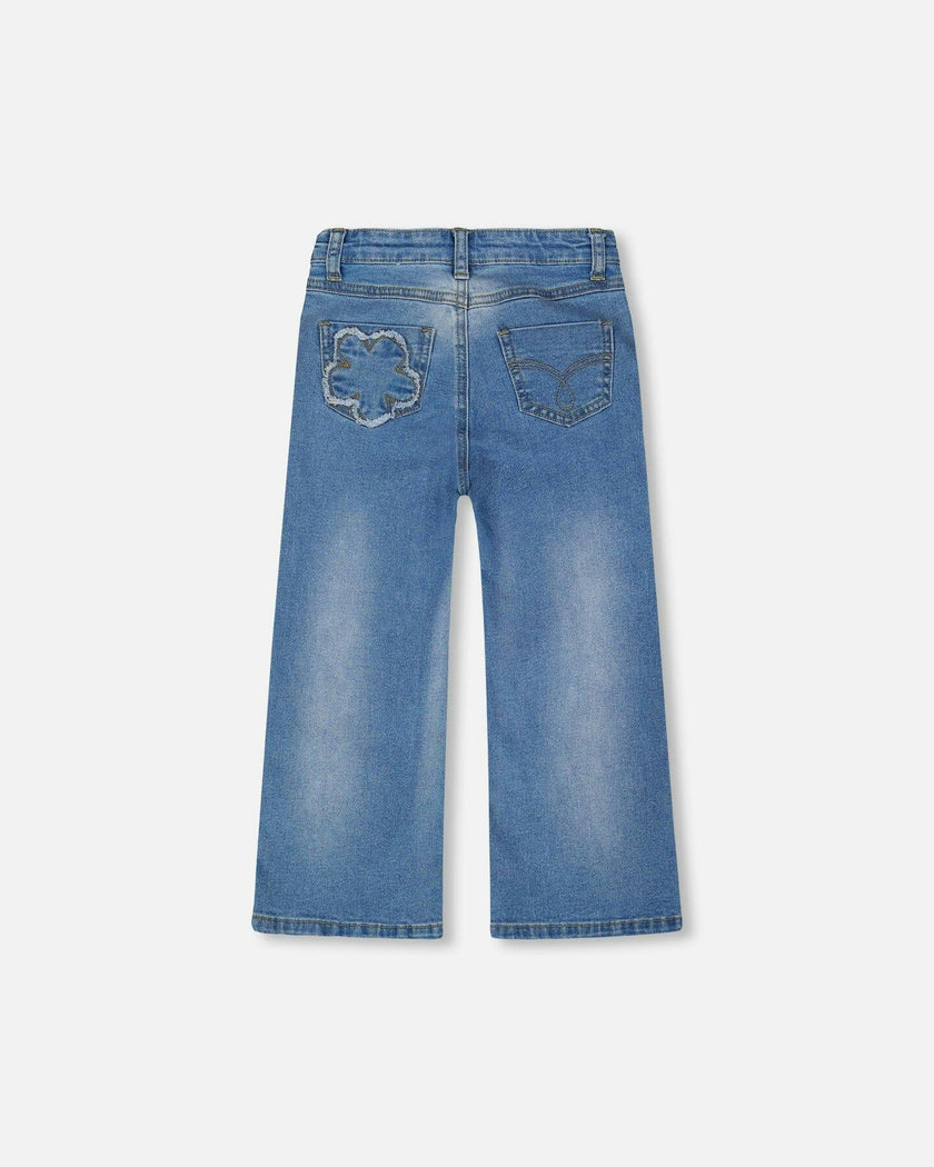 Wide Leg Stretch Light Blue Denim Jeans With Flower Stitching