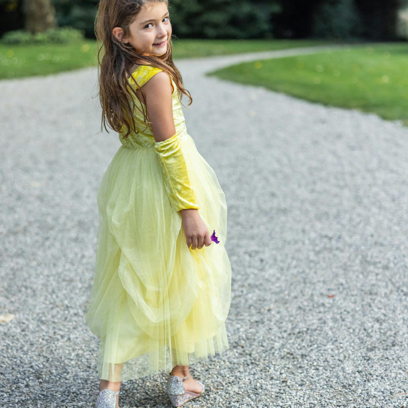 Velvety Soft Yellow Princess Gown with Arm Warmers