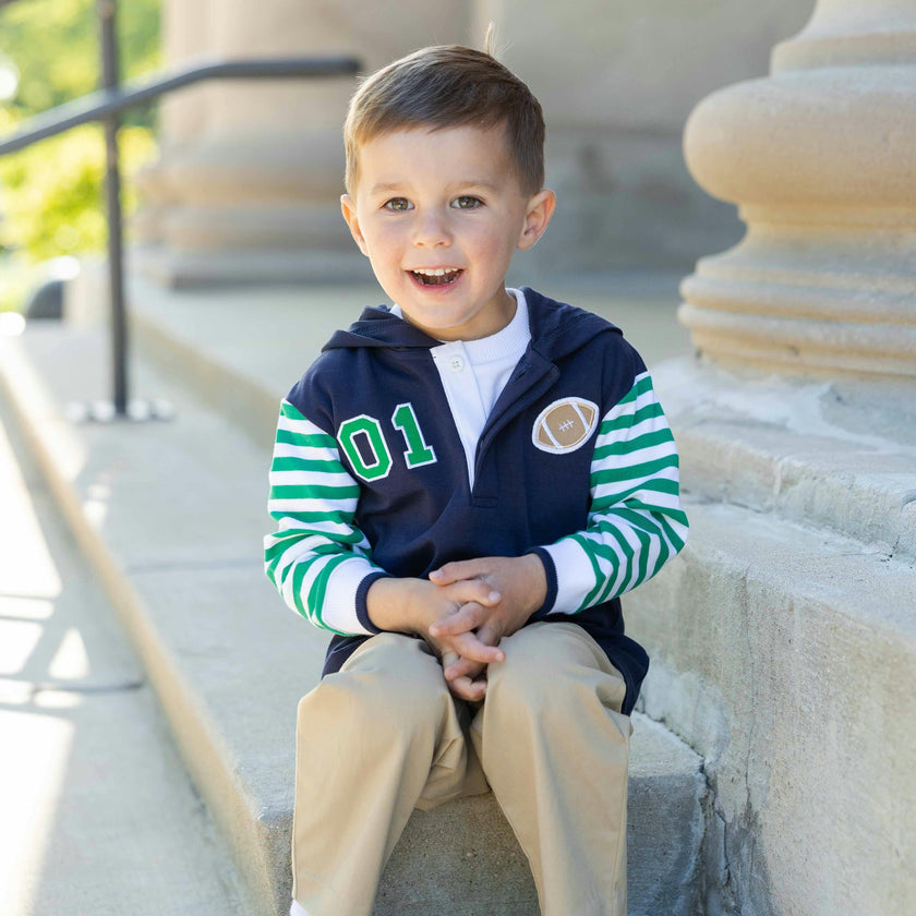 Hooded Knit Shirt with Varsity Football Motifs
