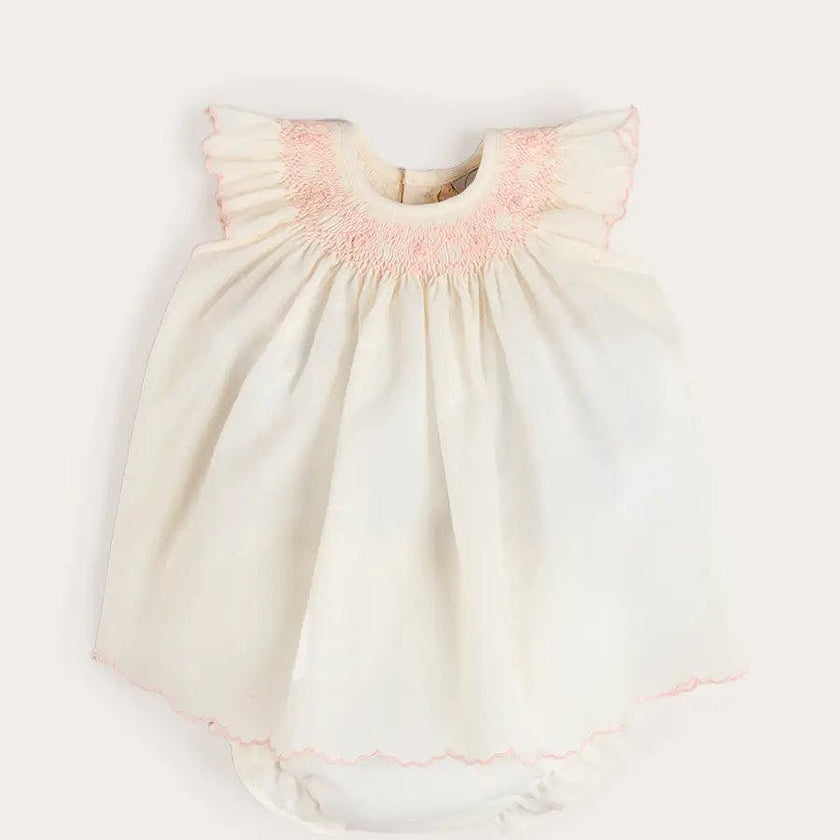 Linen Blend Hand Smocked Cap Sleeve Dress With Bloomers in White (1-6mths)