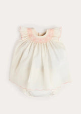 Linen Blend Hand Smocked Cap Sleeve Dress With Bloomers in White (1-6mths)
