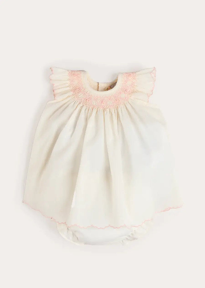 Linen Blend Hand Smocked Cap Sleeve Dress With Bloomers in White (1-6mths)