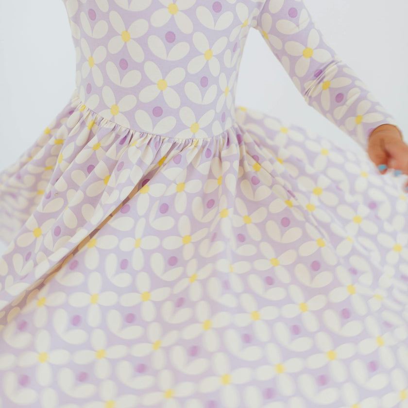 3/4 Sleeve Twirl Dress in Pale Purple Petals
