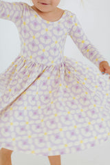 3/4 Sleeve Twirl Dress in Pale Purple Petals