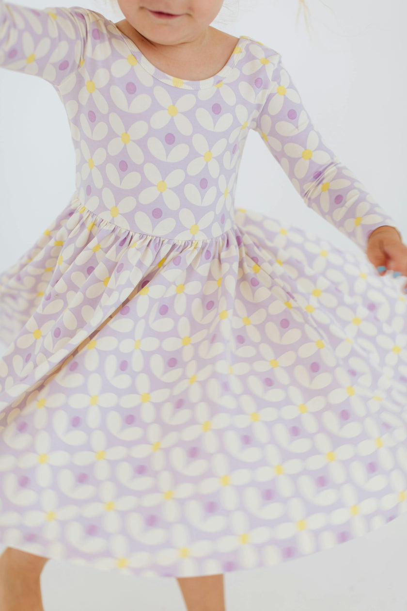 3/4 Sleeve Twirl Dress in Pale Purple Petals