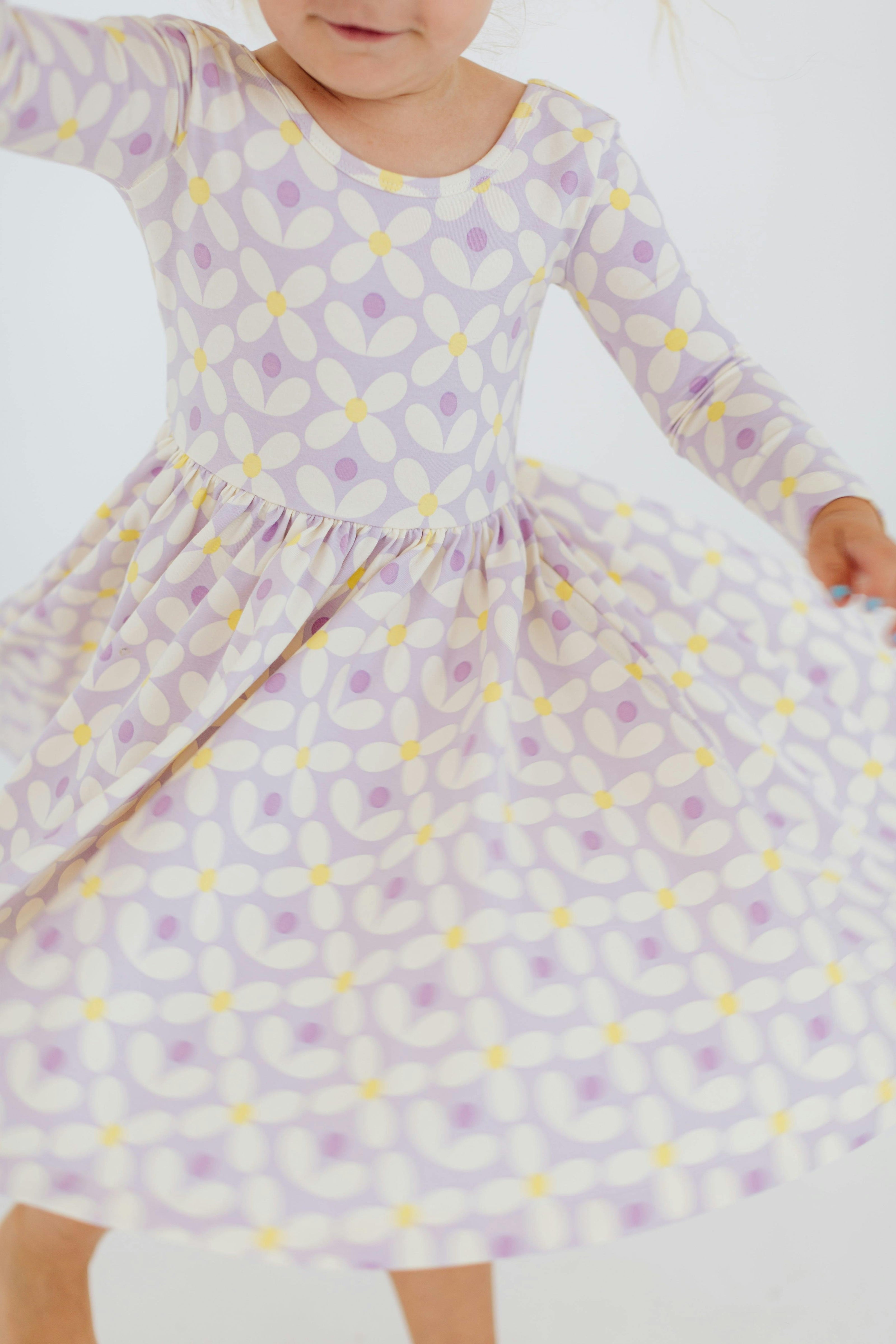 3/4 Sleeve Twirl Dress in Pale Purple Petals