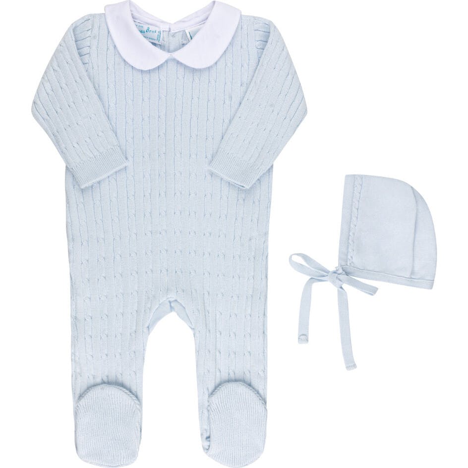 Boys Peter Pan Cable Knit Romper and Bonnet Blue