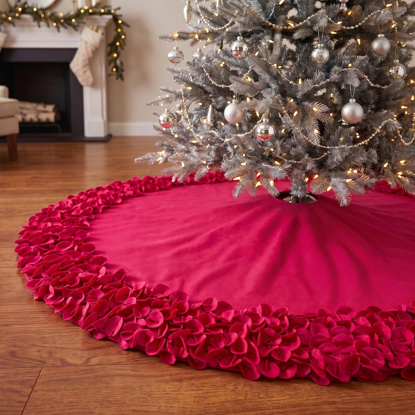 Red Calla Lily Flower Border Christmas Tree Skirt Wool - 60"