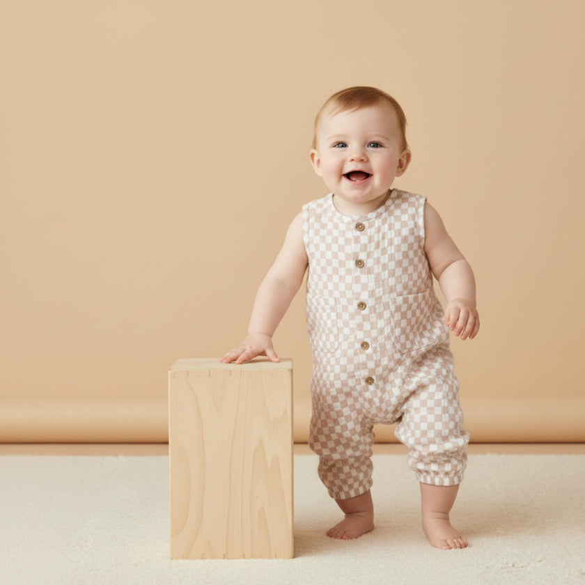 Organic Buttoned Jumpsuit - Brick Checks
