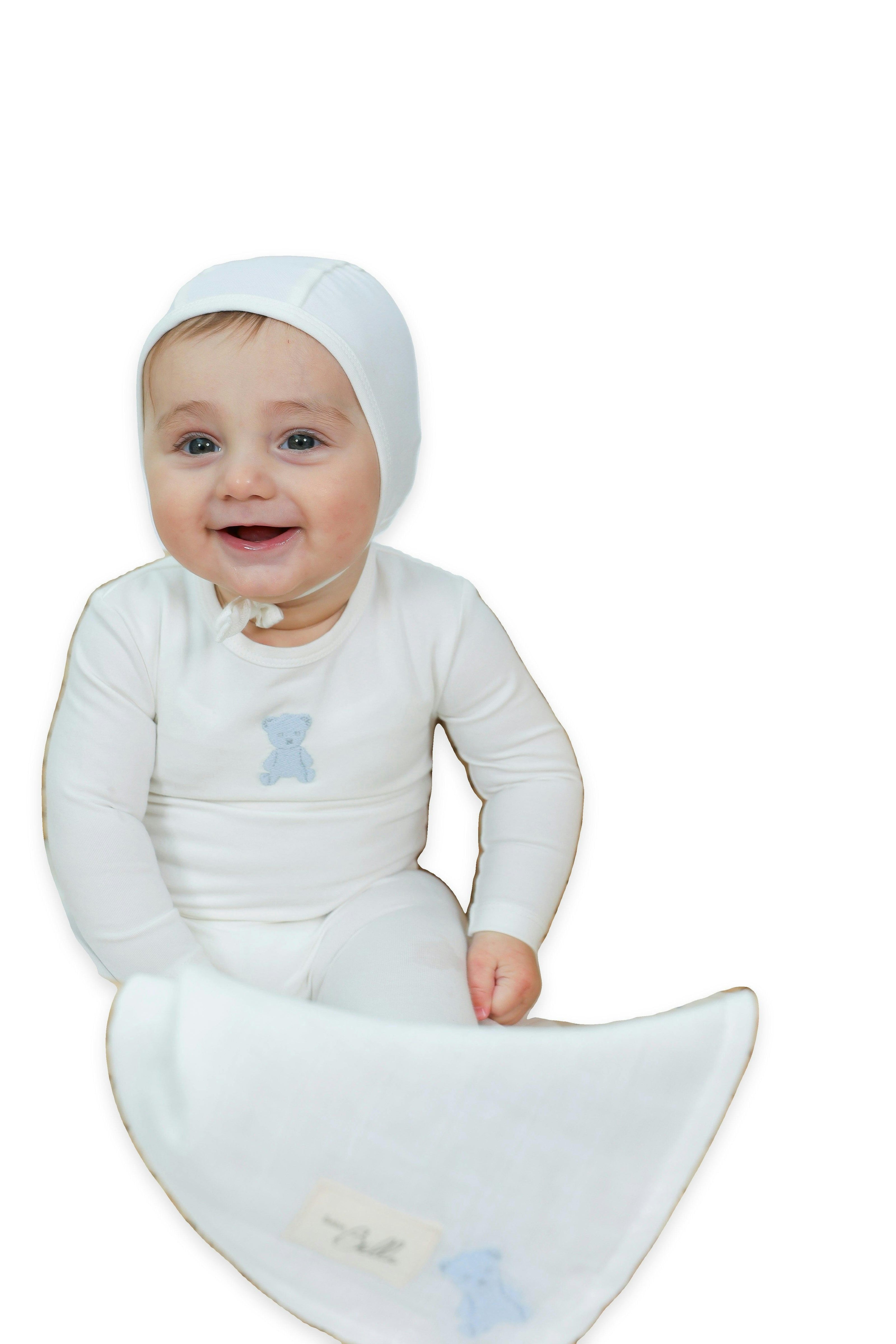 Bear Embroidered Snap Front Romper and Bonnet Two Piece Set