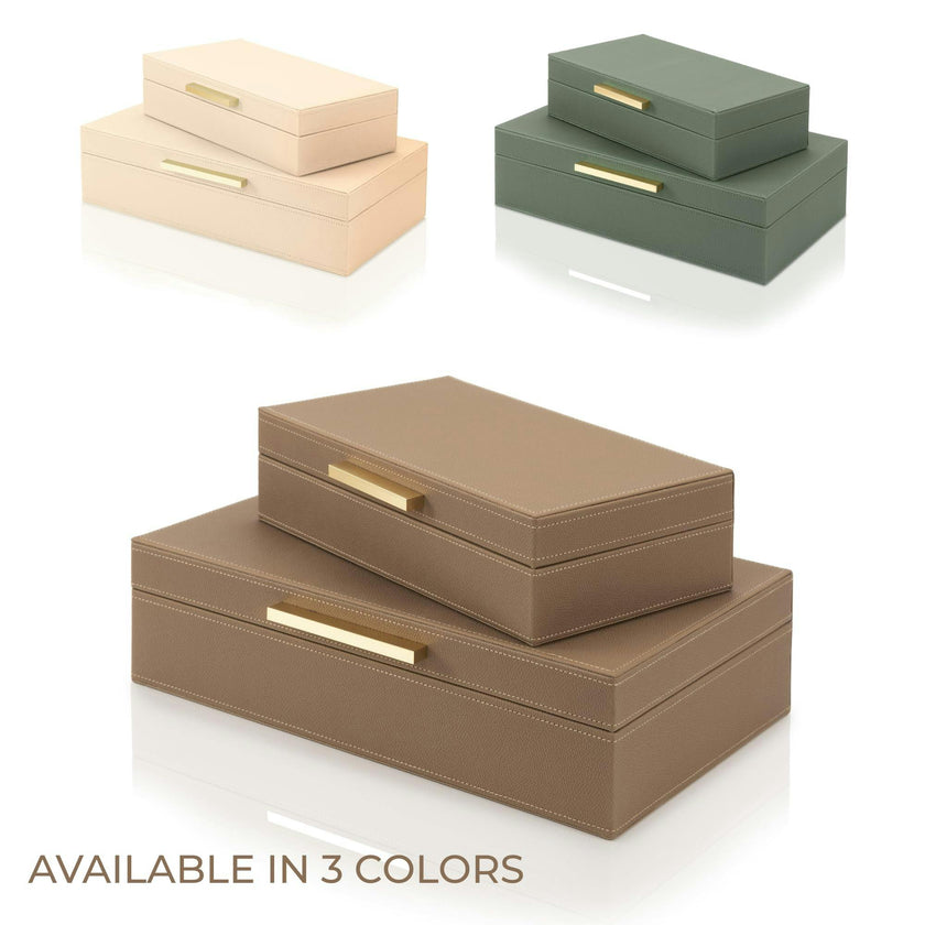 Decorative Storage Boxes with Lids - Set of 2 PU Leather Organizer Bins for Bookshelf Decor - Store Photos, Documents and Memory Box Keepsakes in Style