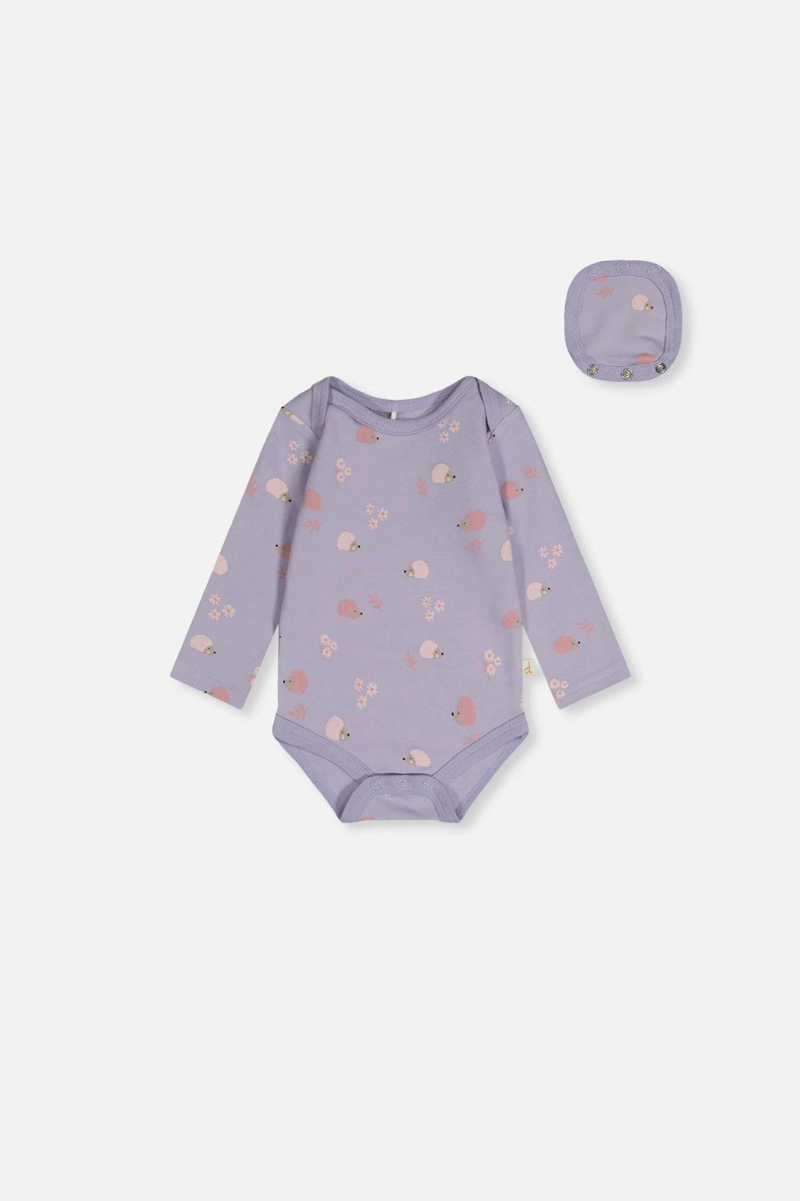 Organic Cotton Onesie Purple Hedgehog Print