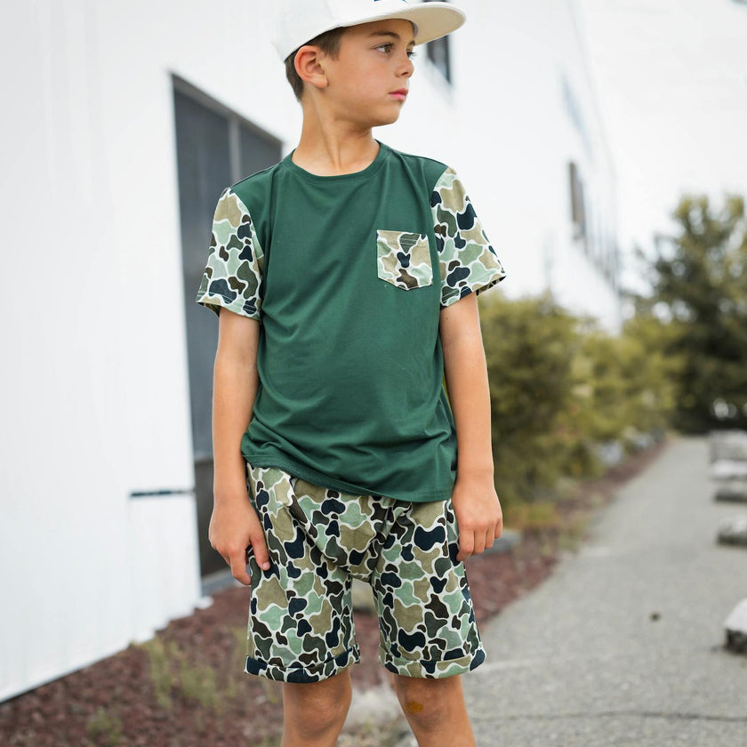 Green Distressed Camo Lounge Pocket Tee & Shorts Set