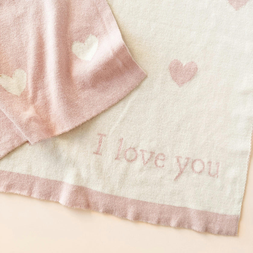 Heart I Love You Blanket, Hat, and Bunny Rattle Gift Set