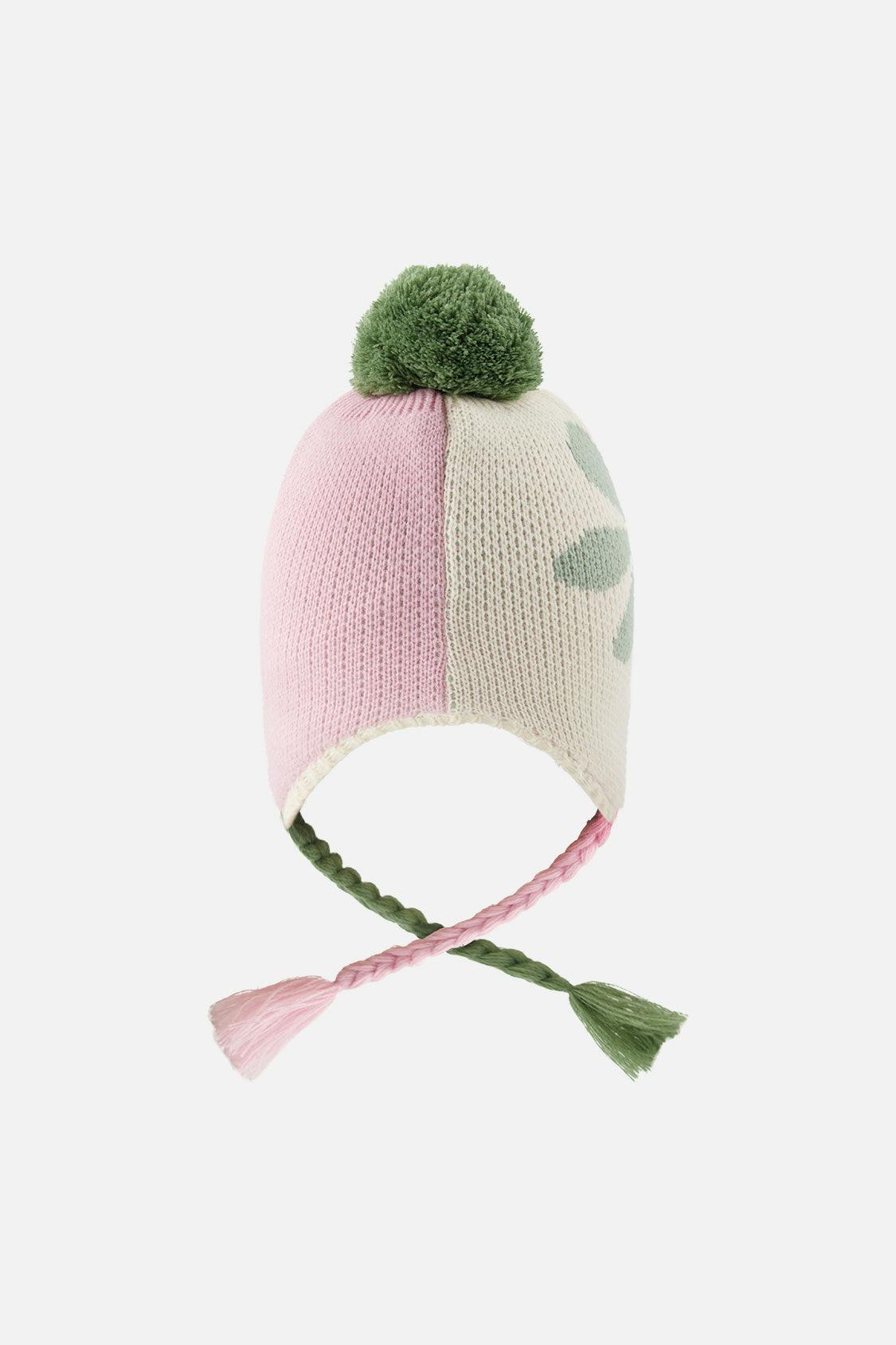 Winter Peruvian Knit Hat with Pompom Lavender Pink and Green