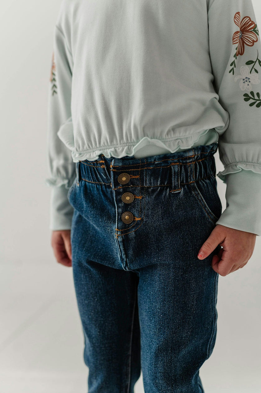 Girls Paperbag Denim Pants in Dark Blue Wash