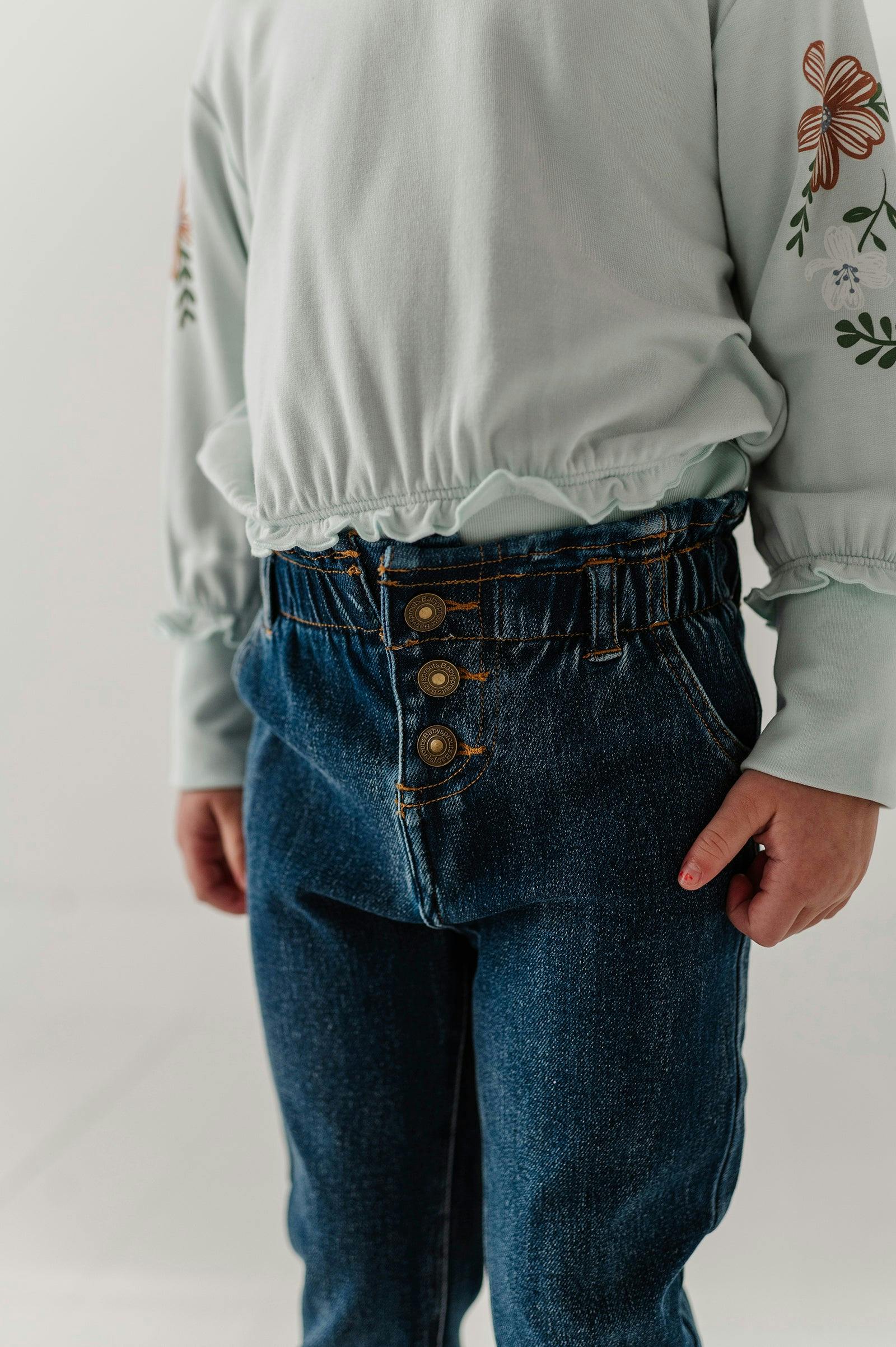 Girls Paperbag Denim Pants in Dark Blue Wash
