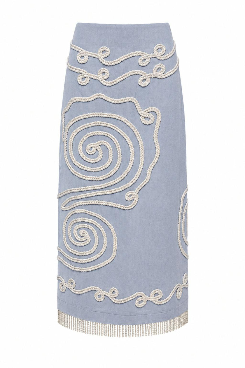 Dillon Sky Blue Embroidery Midi Skirt