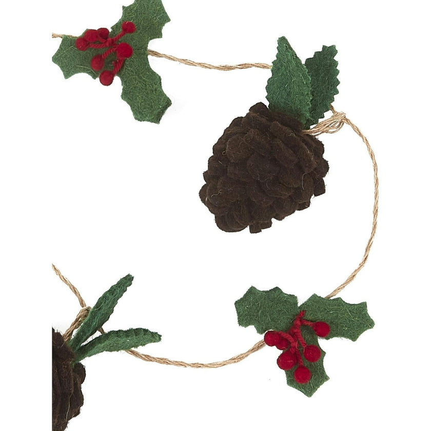 Handmade Christmas Garland and Bunting - Pinecones and Holly Berries Felt and Jute - 6'