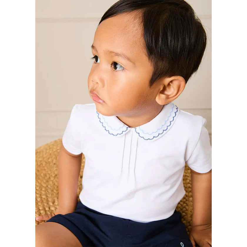 Scallop Embroidered Peter Pan Collar Pleated Top in White (12mths-6yrs)